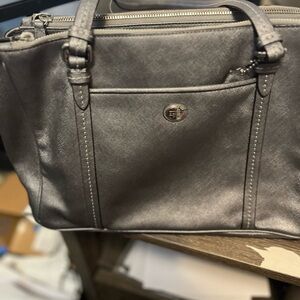 Elegant Gray Coach Women's satchel handbag.